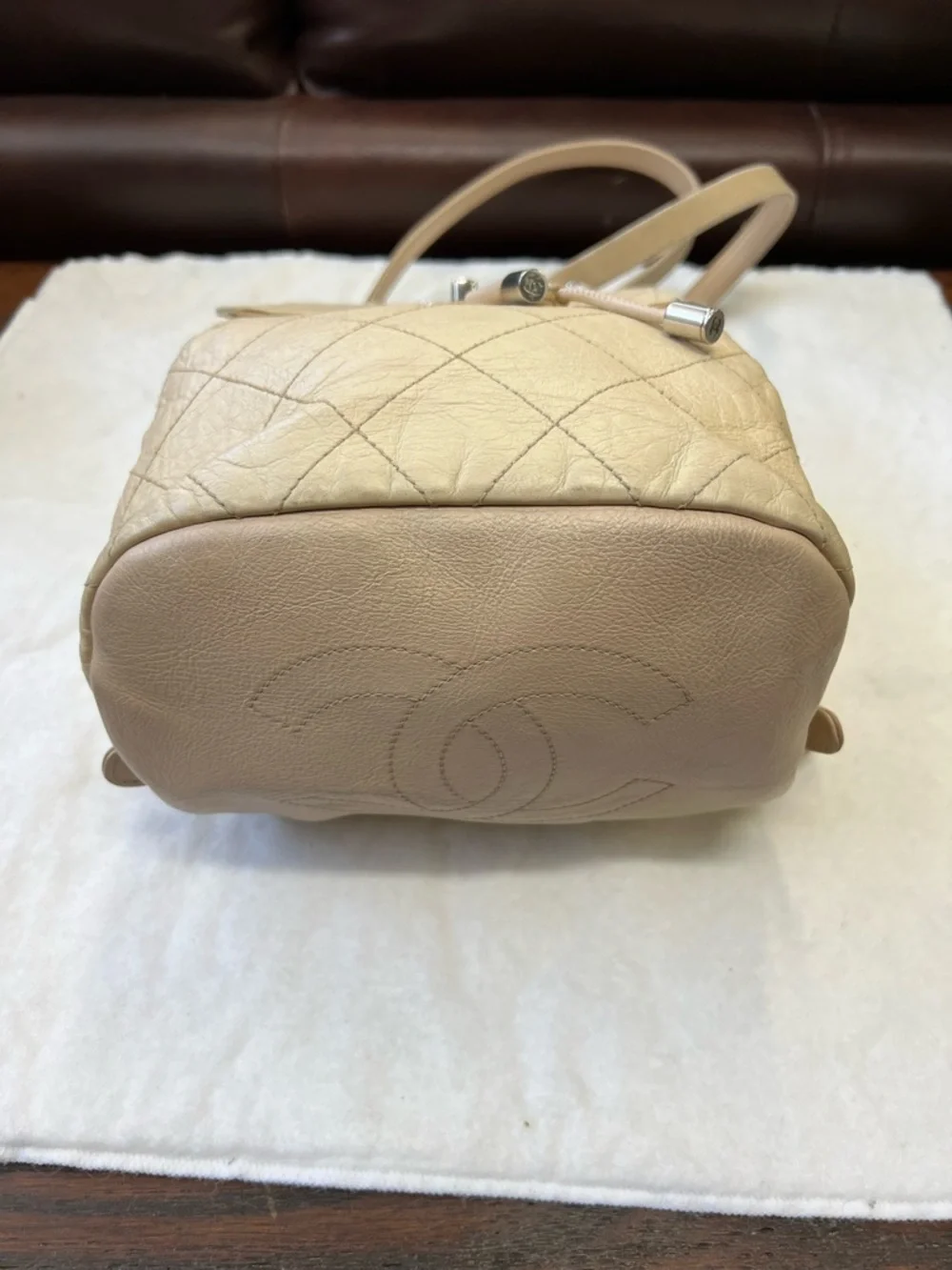 CHANEL Beige Quilted Leather Drawstring Backpack with CC with wallet
